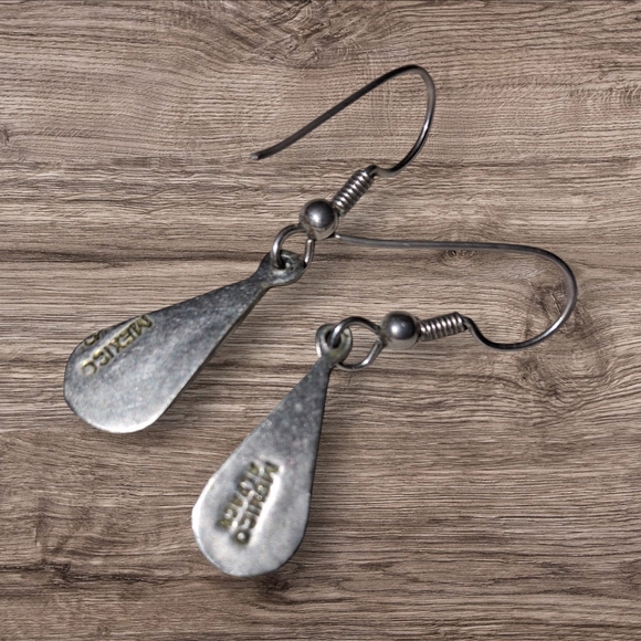 Vintage Mexico silver Teardrop Inlaid Turquoise hook earrings mexico Alpaca - Picture 2 of 8